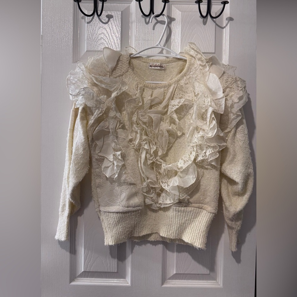 Vintage Ruffle Lace-Front Women's Sweater - Cream